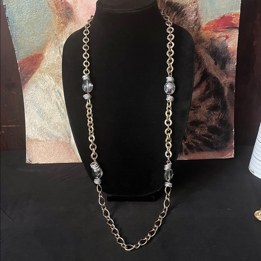 Leetal Kalmanson Chunk Brassy Gold & Silver Tone  Necklace Clear Crystal